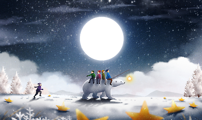 전신 PSD 나무 구름 여자 남자 행복 어린이 겨울 일러스트 밤하늘 동화 산 들기 소녀 소년 여러명 친구 달리기 설원 달 등불 승차 야간 즐거움 북극곰 어린이만 국내일러스트 자연요소 식물 계절 감정 다수 곰 관계 모션 하늘 조명 눈_날씨 사람 파일형식