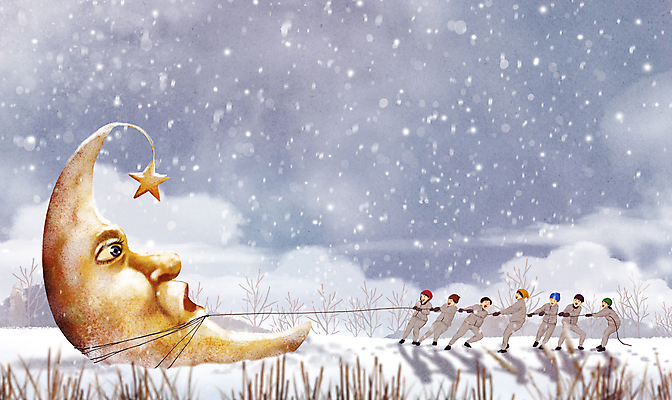 전신 PSD 나무 구름 여자 남자 별 어린이 줄 겨울 일러스트 하늘 동화 협력 소녀 소년 여러명 친구 설원 달 풀 당기기 어린이만 국내일러스트 자연요소 식물 계절 다수 관계 모션 눈_날씨 사람 파일형식