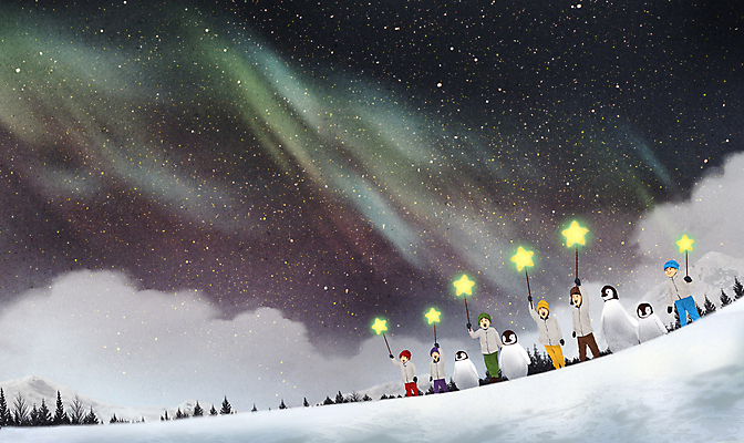 전신 PSD 나무 구름 여자 남자 행복 어린이 겨울 일러스트 지팡이 밤하늘 동화 들기 소녀 소년 여러명 친구 설원 야간 남극 즐거움 펭귄 오로라 어린이만 국내일러스트 자연요소 식물 계절 감정 다수 관계 모션 자연현상 조류 하늘 눈_날씨 사람 극지방 파일형식