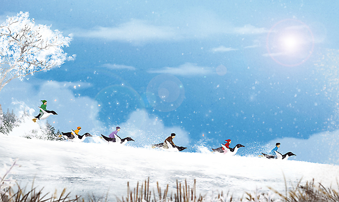 전신 PSD 나무 구름 여자 남자 행복 어린이 겨울 일러스트 동화 소녀 소년 여러명 파란색 친구 태양 설원 풀 미끄러짐 즐거움 펭귄 썰매 어린이만 국내일러스트 자연요소 식물 계절 감정 컬러 다수 관계 모션 조류 눈_날씨 사람 파일형식