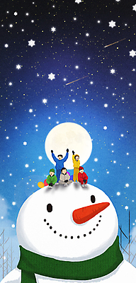 전신 PSD 여자 남자 어린이 겨울 일러스트 눈사람 밤하늘 동화 눈꽃 앉기 소녀 소년 여러명 파란색 친구 손들기 만세 달 야간 유성 즐거움 거인 어린이만 국내일러스트 자연요소 계절 감정 컬러 다수 관계 모션 하늘 눈_날씨 사람 파일형식