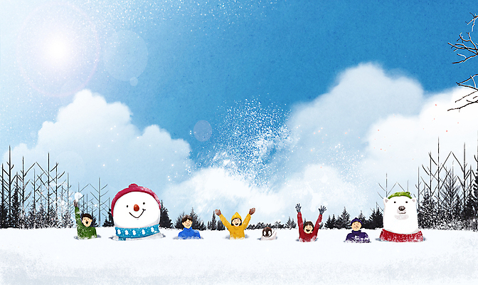 PSD 나무 구름 여자 남자 어린이 겨울 일러스트 눈사람 하늘 동화 소녀 소년 여러명 상반신 파란색 친구 태양 손들기 설원 만세 흰색 즐거움 북극곰 어린이만 국내일러스트 자연요소 식물 계절 감정 컬러 다수 곰 관계 모션 눈_날씨 사람 파일형식