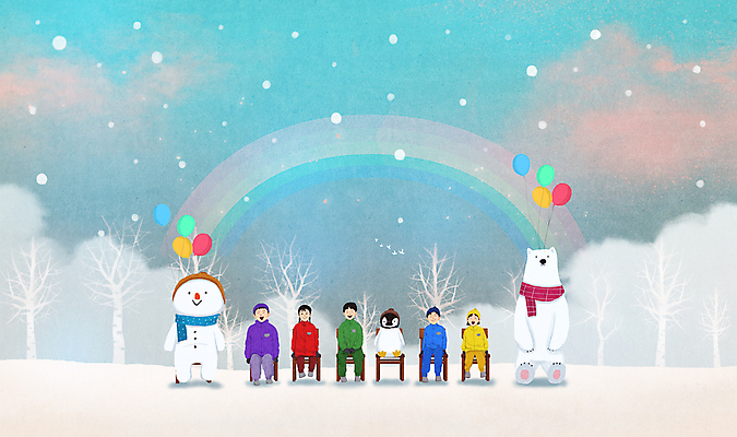 전신 PSD 나무 구름 여자 남자 행복 어린이 하늘색 무지개 겨울 의자 일러스트 눈사람 하늘 동화 앉기 소녀 소년 여러명 친구 설원 즐거움 펭귄 북극곰 풍선 어린이만 국내일러스트 자연요소 식물 계절 감정 가구 다수 곰 관계 모션 조류 눈_날씨 사람 파란색 파일형식