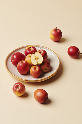 포토 JPG 스튜디오촬영 접시 단면 디저트 사람없음 여러개 작음 건강식 주황색배경 미니사과 국내포토 식기 음식 다수 백그라운드 실내 주황색 사과 크기 파일형식