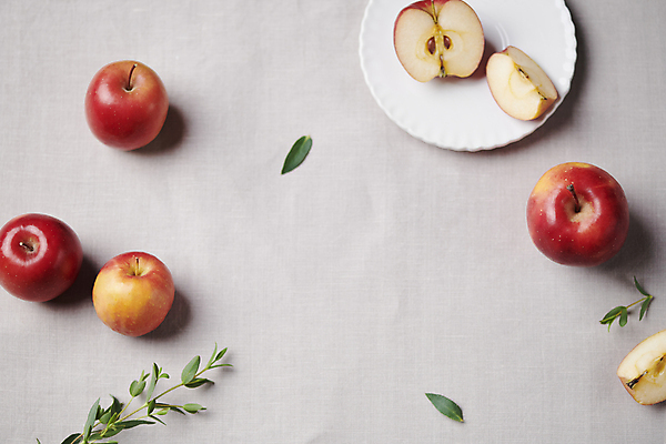 포토 JPG 스튜디오촬영 접시 회색배경 단면 나뭇잎 디저트 프레임 사람없음 여러개 작음 건강식 미니사과 국내포토 식기 음식 다수 백그라운드 잎 실내 회색 사과 크기 파일형식