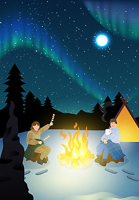전신 나무 여자 남자 겨울 일러스트 밤하늘 텐트 들기 앉기 성인 두명 캠핑 머그컵 달 꼬치 장작 모닥불 담요 남색 먹기 즐거움 오로라 성인만 국내일러스트 AI파일 자연요소 식물 계절 감정 컬러 모션 자연현상 하늘 불 레저 캠핑도구 사람 컵 야간 파일형식 벡터