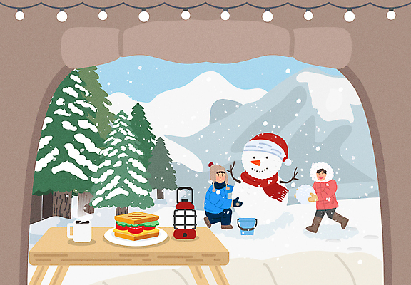 전신 나무 여자 남자 어린이 겨울 일러스트 눈사람 샌드위치 텐트 들기 소녀 소년 두명 캠핑 머그컵 랜턴 캠핑장 즐거움 눈덩이 나무탁자 눈사람만들기 알전구 눈내림 어린이만 설산 국내일러스트 AI파일 식물 계절 감정 음식 전구 모션 탁자 레저 조명 산 눈_날씨 캠핑도구 사람 컵 만들기 파일형식 벡터