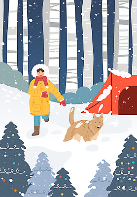 전신 나무 여자 겨울 일러스트 텐트 한명 성인 산책 강아지 숲 남색 캠핑장 즐거움 패딩 놀기 알전구 눈내림 성인여자한명만 눈덮임 국내일러스트 AI파일 식물 1 계절 감정 컬러 컨셉 전구 모션 휴식 눈_날씨 캠핑도구 사람 반려동물 점퍼 캠핑 개 여자한명만 성인여자만 파일형식 벡터