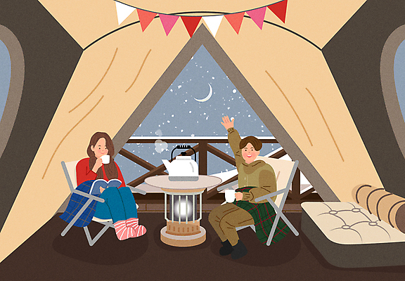 전신 여자 남자 겨울 일러스트 주전자 따뜻함 텐트 앉기 성인 두명 책 갈색 캠핑 머그컵 마시기 달 담요 난로 즐거움 손인사 가랜드 매트리스 눈내림 성인만 캠핑의자 수면양말 국내일러스트 AI파일 자연요소 계절 감정 컬러 의자 모션 주방용품 레저 양말 눈_날씨 캠핑도구 사람 컵 인사 난방기 파티용품 파일형식 벡터