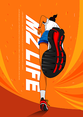 전신 여자 선 스포츠 로우앵글 신발 일러스트 한명 성인 타이포그라피 운동복 달리기 운동 주황색 역동적 성인여자한명만 MZ세대 국내일러스트 AI파일 문자 1 옷 뷰포인트 컬러 컨셉 모션 건강 사람 세대 여자한명만 성인여자만 파일형식 벡터