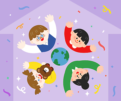 응시 여자 남자 지구 어린이 일러스트 가족 윙크 미소 소녀 소년 여러명 상반신 성인 반짝임 하이앵글 보라색 곰인형 만세 올려보기 다문화 꽃가루 다문화가정 집모양 국내일러스트 AI파일 모양 시선 인형 뷰포인트 컬러 다수 관계 모션 표정 사람 가루 사회이슈 파일형식 벡터