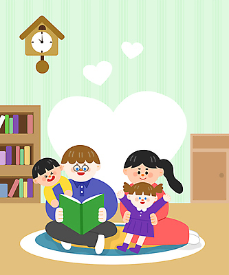 전신 여자 남자 어린이 일러스트 가족 안기 책장 매달리기 소녀 소년 여러명 성인 책 독서 화목 카펫 하트 벽시계 서랍장 다문화 가부좌 다문화가정 국내일러스트 AI파일 모양 시계 가구 다수 컨셉 관계 모션 사람 앉기 사회이슈 파일형식 벡터