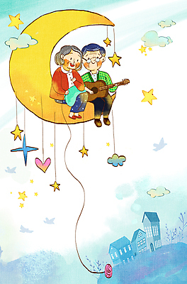 전신 PSD 구름 여자 노년 남자 별 안경 하늘색 백그라운드 연주 일러스트 조류 주택 앉기 두명 건물 마을 달 기타 하트 바느질 실타래 실버타운 노인만 국내일러스트 자연요소 모양 동물 건축물 잡화 음악 모션 현악기 사람 성인 파란색 성인만 파일형식