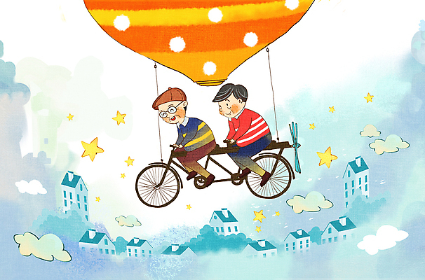 PSD 구름 노년 남자 행복 별 여행 백그라운드 일러스트 주택 두명 건물 파란색 마을 자전거 열기구 실버타운 빵모자 노인남자만 국내일러스트 자연요소 모자_잡화 건축물 감정 컬러 항공교통 사람 성인 바이크 남자만 노인만 파일형식
