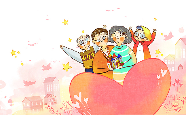 PSD 구름 여자 노년 남자 행복 별 안경 분홍색 백그라운드 일러스트 조류 미소 들기 여러명 상반신 건물 마을 만세 하트 풀 실버타운 노인만 국내일러스트 자연요소 모양 식물 동물 건축물 잡화 감정 컬러 다수 모션 표정 사람 성인 성인만 파일형식