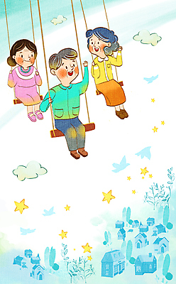 전신 PSD 구름 여자 노년 남자 별 하늘색 백그라운드 일러스트 조류 주택 프레임 앉기 건물 세명 마을 손인사 그네타기 실버타운 나무그네 노인만 내려보기 국내일러스트 자연요소 동물 건축물 모션 놀이 사람 성인 파란색 인사 그네 성인만 파일형식