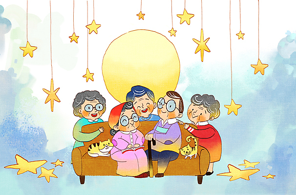 전신 PSD 구름 여자 노년 남자 별 안경 백그라운드 두마리 일러스트 지팡이 하늘 미소 앉기 여러명 책 파란색 소파 마주보기 고양이 달 실버타운 노인만 국내일러스트 자연요소 잡화 컬러 다수 2 의자 포유류 모션 표정 사람 성인 반려동물 성인만 파일형식