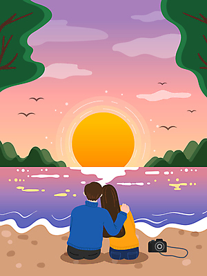 나무 구름 커플 여자 남자 물결 바다 데이트 일러스트 조류 하늘 새해 산 앉기 풍경 상반신 성인 해변 두명 관광지 태양 카메라 일출 기댐 성인만 어깨에손 국내일러스트 AI파일 자연요소 식물 동물 여행 관계 모션 사람 전자제품 노을 파일형식 벡터