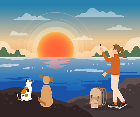 구름 여자 바다 여행 두마리 일러스트 배낭 하늘 새해 산 한명 들기 풍경 성인 관광지 스마트폰 반려동물 태양 반사 일출 사진촬영 고양이 강아지 성인여자한명만 국내일러스트 AI파일 자연요소 동물 1 2 가방 포유류 모션 사람 핸드폰 스마트기기 노을 촬영 개 여자한명만 성인여자만 파일형식 벡터