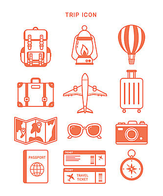 아이콘 지도 배낭 휴가 휴식 비행기 사람없음 선글라스 카메라 캐리어 여행가방 주황색 열기구 램프 나침반 항공권 여권 2D아이콘 AI파일 안경 컬러 컨셉 가방 항공교통 조명 대중교통 전자제품 티켓 파일형식 벡터