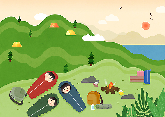 전신 나무 구름 여자 남자 가방 일러스트 하늘 나뭇잎 산 텐트 캠핑도구 성인 세명 친구 눕기 일출 캠핑 돌_바위 풀잎 모닥불 침낭 성인만 국내일러스트 AI파일 자연요소 식물 잡화 잎 관계 모션 불 레저 사람 노을 도구 풀_식물 파일형식 벡터