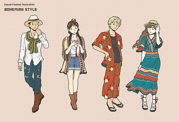 전신 PSD 원피스 여자 패션 남자 포즈 티셔츠 와이셔츠 일러스트 목걸이 장신구 반바지 부츠 여러명 성인 캐주얼 스카프 청바지 머리띠 쪼리 카디건 밀짚모자 코디 배꼽티 보헤미아 하와이안 히피 스타일 성인만 국내일러스트 모자_잡화 옷 다수 신발 셔츠 바지 사람 목도리 외투 샌들 파일형식