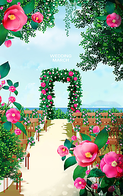 PSD 분홍색 의자 일러스트 자연 나뭇잎 풍경 사람없음 초록색 풀잎 동백 웨딩마치 동백나무 야외결혼 예식장 국내일러스트 나무 꽃 컬러 가구 결혼 잎 공간 풀_식물 생태계 파일형식