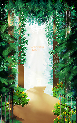 PSD 일러스트 자연 나뭇잎 그림자 풍경 사람없음 초록색 빛 기둥 풀잎 숲속 웨딩마치 야외결혼 예식장 국내일러스트 건축 컬러 결혼 잎 공간 풀_식물 숲 생태계 파일형식