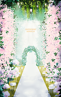 PSD 분홍색 일러스트 자연 풍경 사람없음 초록색 빛 장미 풀잎 숲속 웨딩마치 야외결혼 예식장 국내일러스트 꽃 컬러 결혼 잎 공간 풀_식물 숲 생태계 파일형식