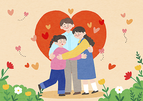 전신 PSD 여자 남자 꽃 딸 나비 일러스트 가족 포옹 청소년 엄마 사랑 가족애 성인 세명 주황색 하트 풀잎 아빠 국내일러스트 모양 식물 감정 컬러 곤충 잎 관계 안기 사람 풀_식물 파일형식