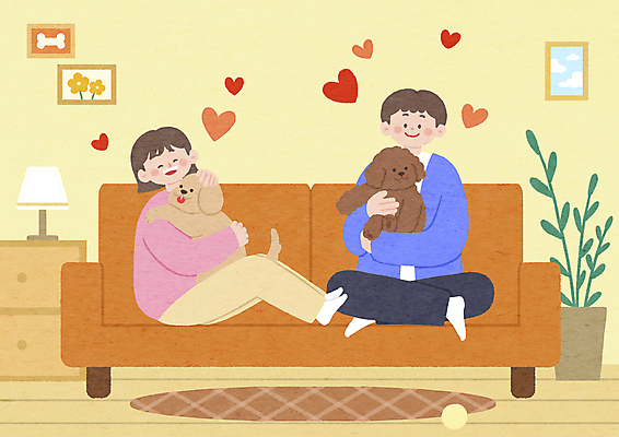 전신 PSD 여자 남자 화분 반려견 액자 거실 일러스트 포옹 사랑 가족애 성인 두명 반려동물 소파 주황색 카펫 하트 스탠드 강아지 가부좌 푸들 성인만 펫팸족 국내일러스트 모양 동물 감정 컬러 의자 안기 조명 사람 앉기 개 신조어 파일형식