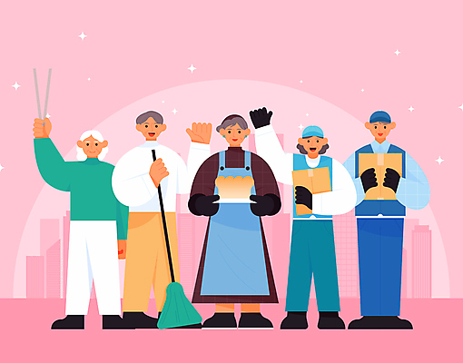 전신 여자 노년 남자 빵 분홍색 일러스트 새해 집게 들기 여러명 반짝임 손들기 고층빌딩 희망 택배기사 빗자루 택배 손인사 활기 실버취업 택배상자 제빵사 환경미화원 노인만 액티브시니어 국내일러스트 AI파일 직업 감정 음식 컬러 다수 컨셉 모션 사람 빌딩 성인 실버라이프 상자 구직 운송업 인사 배달원 청소도구 성인만 파일형식 벡터