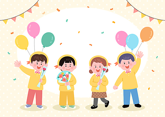 전신 여자 남자 어린이 꽃다발 일러스트 졸업식 프레임 들기 소녀 소년 여러명 손들기 유치원 유치원생 꽃가루 풍선 입학식 가랜드 프레임일러스트 어린이만 국내일러스트 AI파일 교육 꽃 다수 졸업 모션 사람 가루 파티용품 파일형식 벡터