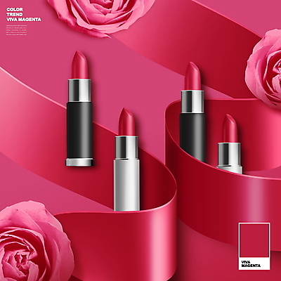 PSD 편집이미지 꽃 리본 사람없음 뷰티 장미 화장품 립스틱 자주색 트렌드컬러 비바마젠타 이미지편집 식물 컬러 파일형식