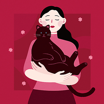 한마리 여자 일러스트 안기 한명 상반신 성인 눈감음 고양이 자주색 성인여자한명만 들어올리기 트렌드컬러 차분 비바마젠타 국내일러스트 AI파일 1 컬러 컨셉 포유류 모션 사람 반려동물 여자한명만 성인여자만 파일형식 벡터