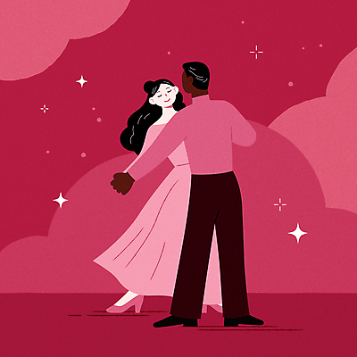 전신 커플 여자 남자 행복 일러스트 사랑 미소 성인 두명 눈감음 손잡기 춤 자주색 커플댄스 성인만 트렌드컬러 비바마젠타 국내일러스트 AI파일 감정 컬러 관계 모션 문화예술 표정 사람 파일형식 벡터