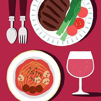 포크 일러스트 파스타 서양음식 스테이크 사람없음 와인 숟가락 자주색 레드와인 아스파라거스 트렌드컬러 플레이팅 비바마젠타 국내일러스트 AI파일 식기 음식 컬러 채소 주류 수저 상차림 파일형식 벡터