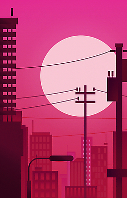분홍색 일러스트 하늘 빌딩 사람없음 건물 도시풍경 전선 보름달 도시 신호등 자주색 전봇대 트렌드컬러 비바마젠타 국내일러스트 AI파일 건축물 공공시설 컬러 풍경 달 파일형식 벡터