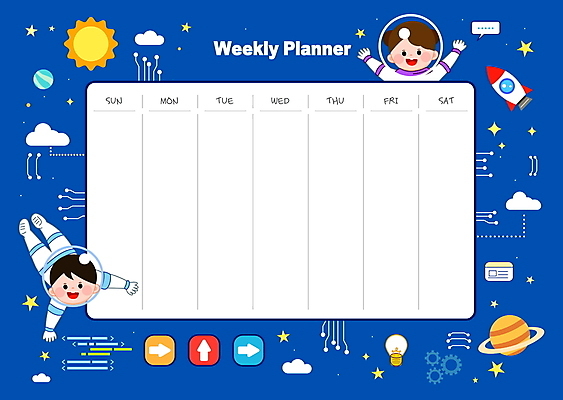 전신 템플릿 여자 남자 어린이 소녀 소년 상반신 두명 파란색 우주 만세 행성 로켓 우주비행사 비행 일주일 계획 계획표 우주복 겨울방학 플래너 어린이만 이미지템플릿 AI파일 옷 컬러 컨셉 겨울 모션 방학 사람 파일형식 벡터