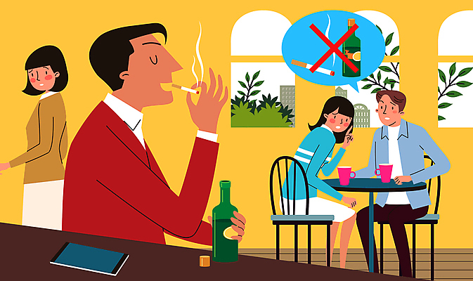 전신 여자 남자 말풍선 의자 일러스트 창문 탁자 술병 주류 흡연 담배 들기 앉기 손짓 여러명 상반신 성인 스마트폰 찡그림 음주 공공예절 공공장소 금연구역 흡연금지 흡연자 성인만 국내일러스트 AI파일 음료 가구 다수 모션 병_용기 표정 사람 핸드폰 스마트기기 장소 금지 예절 제한구역 파일형식 벡터