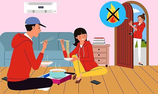 전신 여자 남자 가구 말풍선 일러스트 불 들기 성인 세명 소파 문 금지 라면 먹기 버너 에어컨 동료 공공예절 공공장소 취사 젓가락질 취사금지 화재예방 성인만 국내일러스트 AI파일 자연요소 음식 생활용품 의자 젓가락 관계 모션 사람 손짓 장소 가전제품 예절 면류 예방 요리중 파일형식 벡터