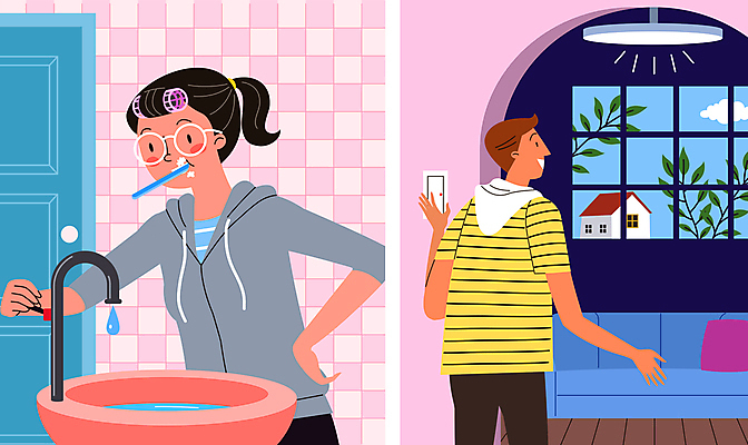 여자 남자 안경 거실 일러스트 창문 전등 주택 상반신 성인 두명 소파 욕실 양치 절약 물기 세면대 수도 헤어롤 공공예절 스위치 공공장소 절수 절전 끄기 성인만 안경낌 국내일러스트 AI파일 잡화 컨셉 의자 모션 조명 사람 건물 청결 장소 예절 미용용품 파일형식 벡터