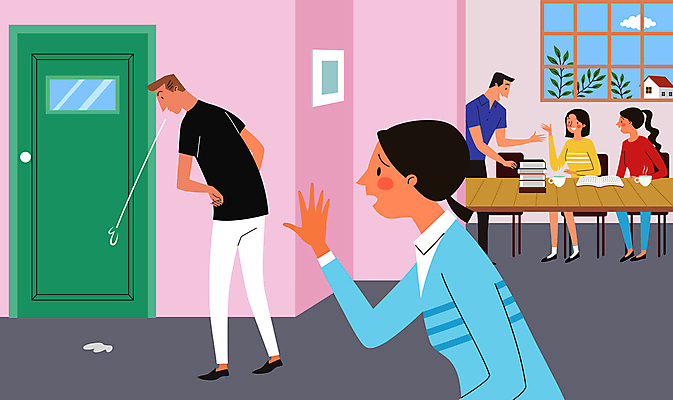 전신 여자 남자 의자 일러스트 창문 탁자 대화 여러명 성인 손들기 문 금지 찡그림 동료 공공예절 공공장소 침 가래 침뱉기 성인만 국내일러스트 AI파일 가구 다수 관계 모션 표정 말하기 사람 장소 예절 파일형식 벡터