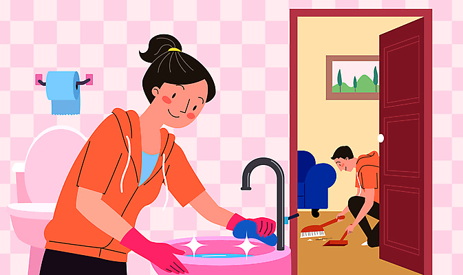 전신 여자 남자 일러스트 숙소 상반신 성인 두명 반짝임 소파 문 깨끗함 욕실 화장지 쓰레기 빗자루 청소 동료 세면대 화장실 변기 닦기 공공예절 공공장소 쓰레받기 성인만 국내일러스트 AI파일 컨셉 의자 관계 모션 사람 장소 예절 청소도구 파일형식 벡터