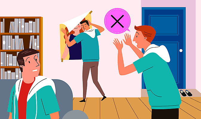 전신 남자 포스터 신발 말풍선 일러스트 숙소 책장 벽면 상반신 성인 세명 소파 손들기 문 금지 뒤돌아보기 동료 공공예절 공공장소 벽보 붙이기 성인남자만 국내일러스트 AI파일 벽 가구 의자 관계 모션 사람 장소 예절 남자만 성인만 파일형식 벡터