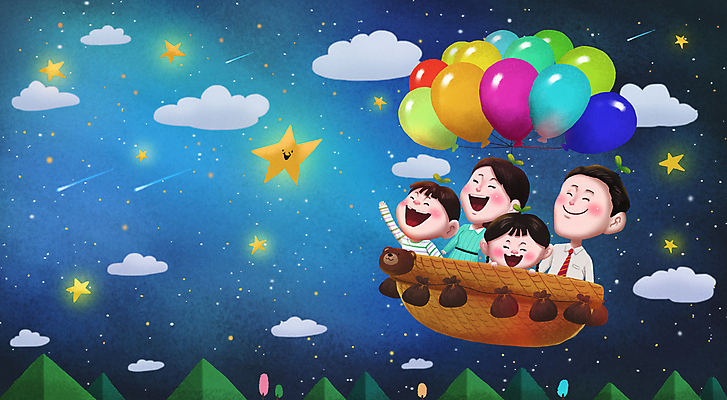 전신 PSD 나무 구름 여자 남자 행복 어린이 일러스트 가족 밤하늘 산 소녀 소년 여러명 상반신 성인 파란색 반짝임 새싹 곰인형 올려보기 열기구 비행 가리킴 인사 승차 주머니 즐거움 풍선 손뻗기 내려보기 국내일러스트 자연요소 식물 감정 인형 컬러 다수 관계 항공교통 모션 하늘 사람 손짓 예절 야간 파일형식