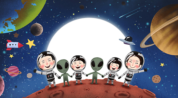 전신 PSD 여자 남자 행복 별 지구 어린이 일러스트 가족 소녀 소년 여러명 성인 파란색 태양 우주 손잡기 행성 로켓 탐험 우주비행사 외계인 달 즐거움 손인사 우주복 토성 화성 국내일러스트 자연요소 옷 감정 컬러 다수 관계 모션 사람 미확인물체 인사 파일형식