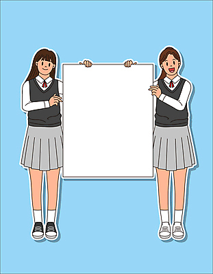 전신 학생 배너 응시 여자 교복 하늘색 일러스트 청소년 프레임 미소 들기 두명 친구 잡기 백지 프레임일러스트 십대여자만 국내일러스트 AI파일 시선 옷 관계 모션 표정 사람 파란색 여자만 십대만 파일형식 벡터