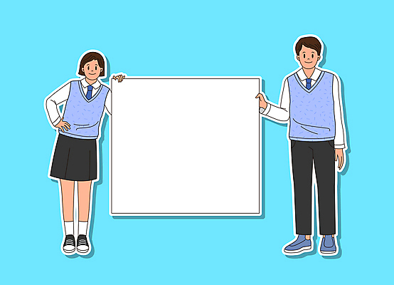 전신 학생 배너 여자 남자 교복 허리손 하늘색 일러스트 청소년 프레임 두명 친구 치마 잡기 백지 프레임일러스트 십대만 국내일러스트 AI파일 옷 포즈 관계 모션 하의 사람 파란색 파일형식 벡터