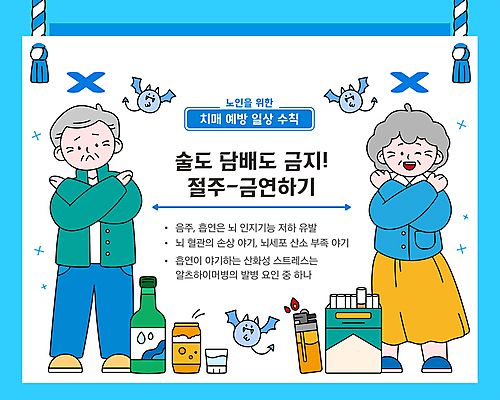 전신 여자 할아버지 노년 남자 할머니 하늘색 일러스트 불 맥주 담배 윙크 두명 금지 찡그림 X 악마 예방 금연 소주 라이터 금주 건강수칙 소주잔 알츠하이머 치매 노인만 치매예방 국내일러스트 AI파일 자연요소 알파벳 캠페인 술잔 주류 표정 건강 사람 성인 파란색 질병 사회이슈 성인만 파일형식 벡터